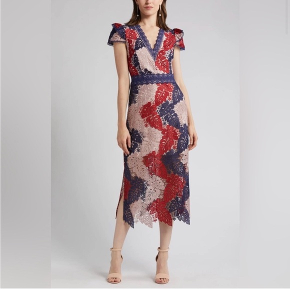 Adelyn Rae Dresses & Skirts - Adelyn Rae Adeline Palm Lace Midi Dress Cap Sleeve Blue Red Tan sz large